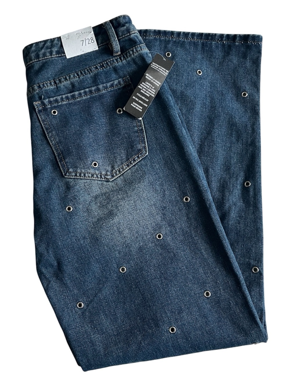 NWT Cali 1850 Women's Grommet Wide Leg Blue Denim‎ Jeans Size 7/28 (31x30)